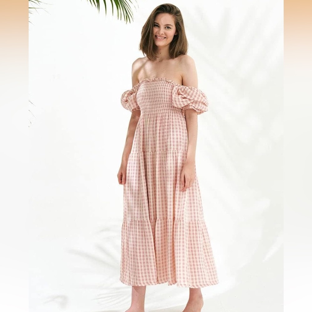 Nothing Fits But Kiko Pink Gingham Off-Shoulder Dress